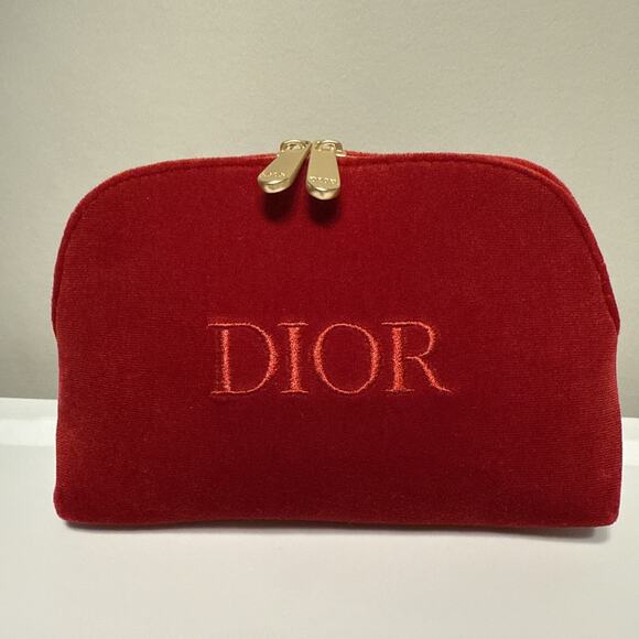 Christian Dior Red Velvet Double Zipper Travel Cosmetic Toiletry Bag 7”x5” - Picture 1 of 6